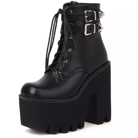 Black Lace Up Double Buckle Straps Heel Combat Platform Boots NEW - Picture 1 of 5